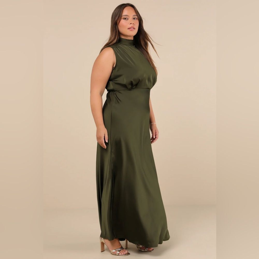 Lulus Classic Elegance Olive Satin Sleeveless Mock Neck Maxi Dress - Picture 8 of 16